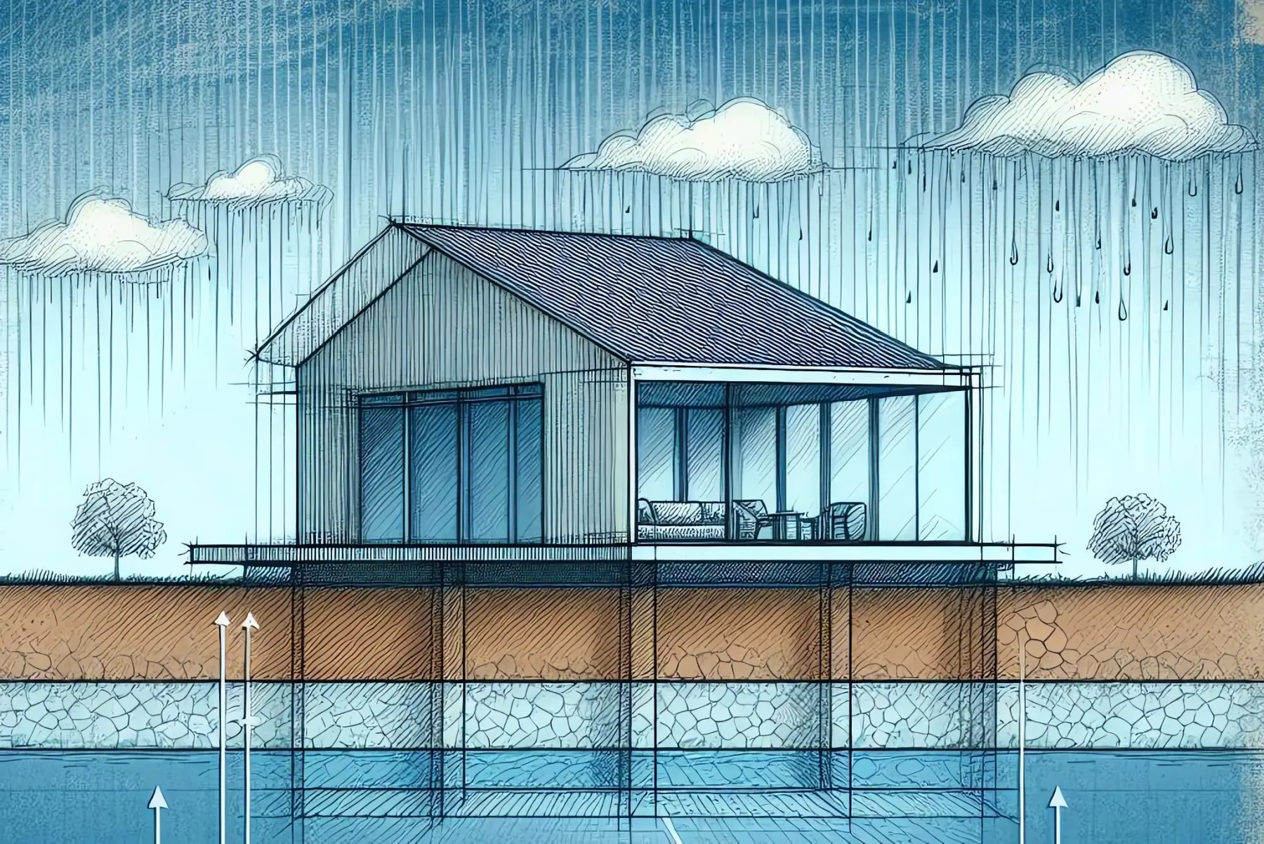 Skizzenhafte Illustration eines Hauses, das vor aufsteigender Nässe bestens geschützt ist