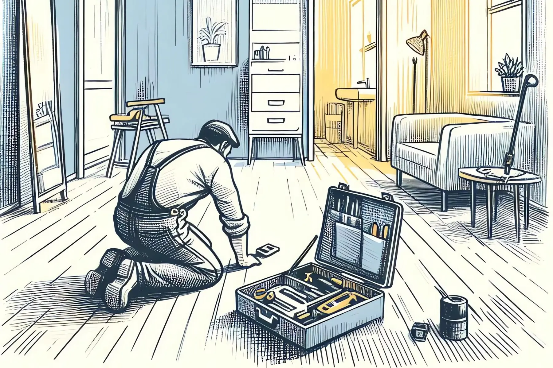 skizzenhafte Illustration eines Mannes, der auf einem Holzfußboden kniet - neben ihm ein geöffneter Werkzeugkasten - und Ausbesserungsarbeiten am Boden vornimmt.